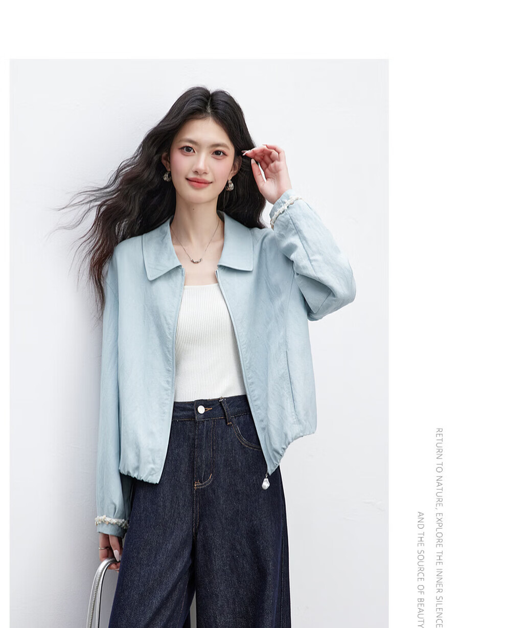 Vimly Baen Style Short Jacket for Women, Spring And Autumn New Arrival, Lyocell Fabric, Petite Versatile Lapel Coat, Water Blue, Size S 11